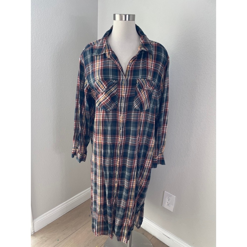 Natural Life Womens XL Cooper Shirt Dress Navy Rust Plaid Long Sleeve Button Up